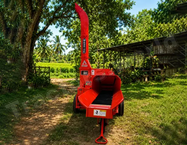 Red Massive wood chipper in a rural yard, with a raised chute and a path, trees, and a shed in the background.