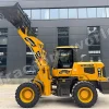 Yellow telescopic loader with raised bucket and large tires, labeled MASSIVE 845, parked in front of a dark modern building.